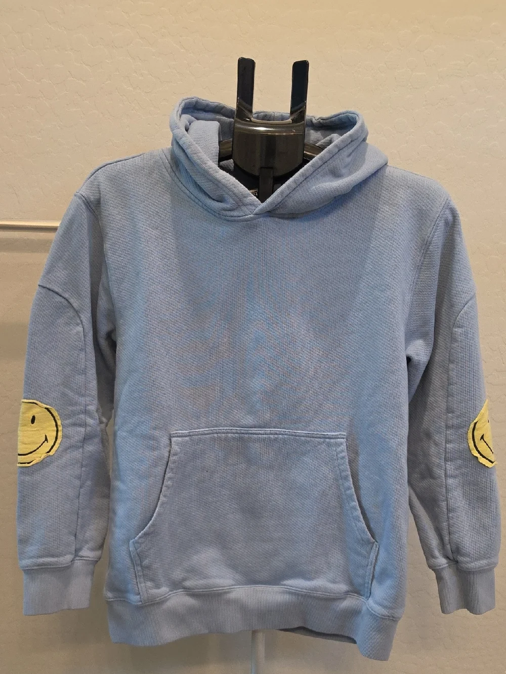 Smiley Light Blue Hoodie with Patches